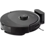 Autonomous robotic vacuum cleaner with a circular low-profile body and a charging dock visible at the back on a white background.