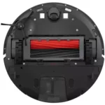 Bottom view of a circular robotic vacuum cleaner, showing the red brush roll inside the main chassis and side wheels/rollers.