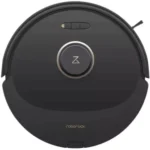 Top-down view of a black circular Roborock robotic vacuum cleaner with a central control dial and bumper