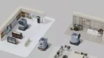 Two small autonomous robots navigate a retail store layout with aisles, shelves, and a checkout counter area visible in the background.