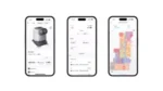 Three iPhone screens side by side displaying an app: left screen shows a robot vacuum status, middle screen lists metrics, right screen shows a color-coded floor plan map.