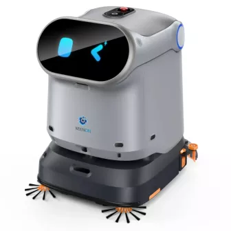 Autonomous floor-cleaning robot with a curved black front panel, blue indicator lights, and orange side brushes.]}, {
