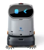 Front view of a Keenon autonomous floor-cleaning robot, white top and dark base, with side brushes visible on the sides.