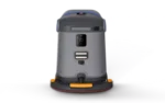 Autonomous cylindrical floor-cleaning robot moving forward on a white background with blue side handles and orange base accents.