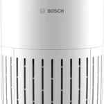 Bosch cylindrical air purifier with a perforated grille and a top control dial, white with a blue accent ring