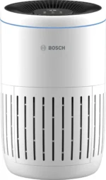 Bosch cylindrical air purifier with a perforated grille and a top control dial, white with a blue accent ring