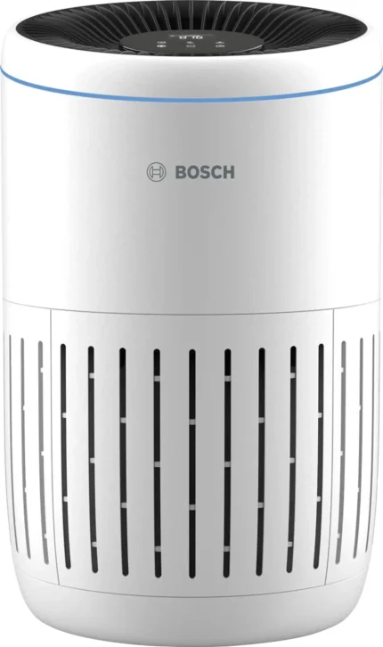 Bosch cylindrical air purifier with a perforated grille and a top control dial, white with a blue accent ring
