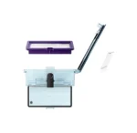 A multipiece gadget set with a purple tray, a transparent storage box, a hinged arm, and small attachment pieces.