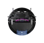 Bottom view of a robotic vacuum, showing side brushes, wheels, and debris roller in the center