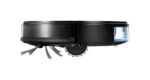 Side view of a black robotic vacuum with rotating side brushes and a blue-front intake window, shown in mid-cleaning pose