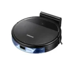 Samsung robotic vacuum cleaner, circular black body with a glossy top and center power button, viewed from above.