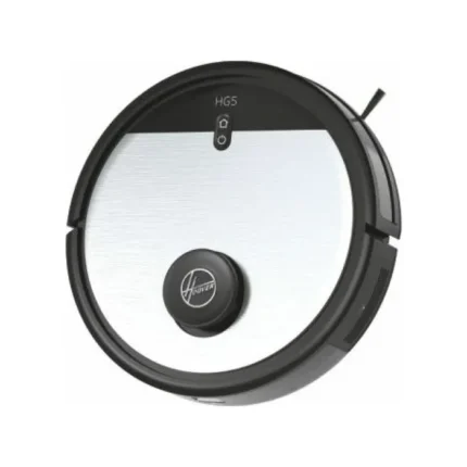 Circular robotic vacuum cleaner with a silver top panel and black outer edge, labeled HG5 on the top.