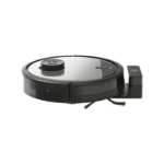 Circular robotic vacuum cleaner with a brushed metal lid, shown on a white background, connected to its charging dock on the right