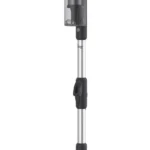 Stick vacuum cleaner mounted on a wall bracket with adjustable aluminum wand and sealed dust canister.