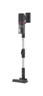 Stick vacuum cleaner mounted on a wall bracket with adjustable aluminum wand and sealed dust canister.