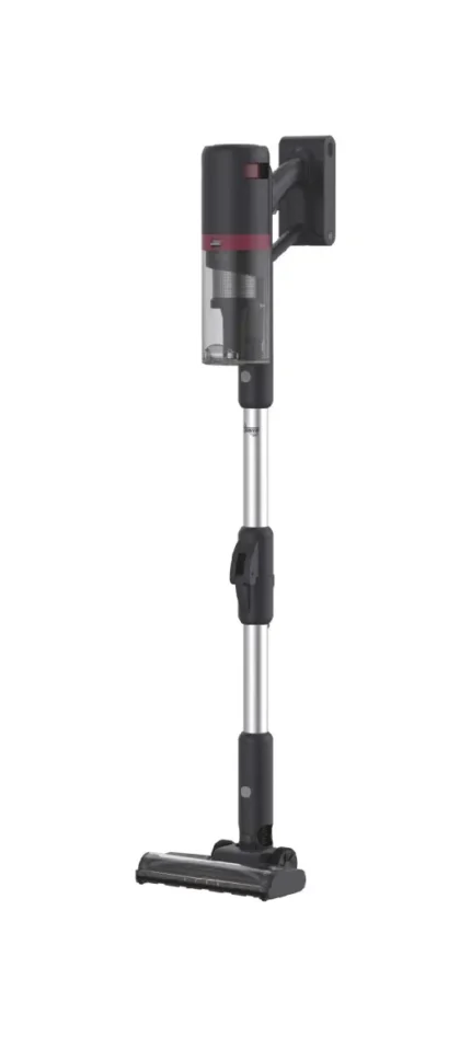 Stick vacuum cleaner mounted on a wall bracket with adjustable aluminum wand and sealed dust canister.