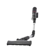 Stick vacuum cleaner with an adjustable wand and a wide motorized floor head shown at an angle, ready for floor cleaning.