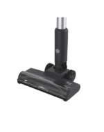 Dark gray vacuum cleaner floor head attachment with a transparent front cover and wheels, connected to a vertical wand.