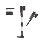 Cordless stick vacuum with detachable handheld unit and wall charger shown nearby