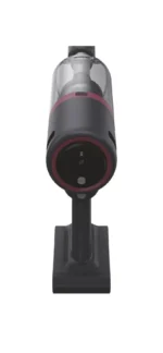 Handheld vacuum cleaner with a transparent dust container and pink accent, mounted on its charging stand