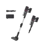 Cordless stick vacuum with extension wand, floor head, and wall-mounted charging dock (two devices shown).