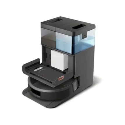 Compact coffee maker with a blue-tinted water reservoir on top and a front-loading brewing drawer