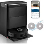 Bosch robotic vacuum with app control screen visible on a smartphone and two round mop pads nearby.
