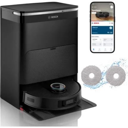 Bosch robotic vacuum with app control screen visible on a smartphone and two round mop pads nearby.