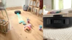 Split image: left side shows a robotic vacuum navigating around toys on a wooden floor; right side shows a close-up of the robot's front sensors.