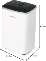 White Bosch dehumidifier with black top control panel; measures 47.6 cm tall, base 31.3 by 23 cm.