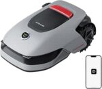 Autonomous robotic lawn mower in gray with black top panel and large rear wheels, shown with a smartphone app icon indicating mobile control