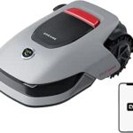 Autonomous robotic lawn mower in gray with black top panel and large rear wheels, shown with a smartphone app icon indicating mobile control