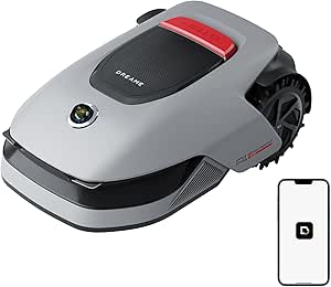 Autonomous robotic lawn mower in gray with black top panel and large rear wheels, shown with a smartphone app icon indicating mobile control