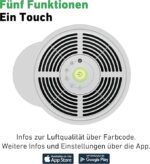 Circular air purifier with touch-control panel and green power button; German headline 'Fünf Funktionen' and 'Ein Touch' above it, indicating five functions.