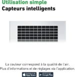 Illustration of a grid-based sensor array representing intelligent air sensors for simple use, with app store icons below