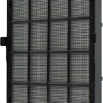 Rectangular black air filter panel with a grid of square pleated sections.