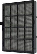 Rectangular black air filter panel with a grid of square pleated sections.