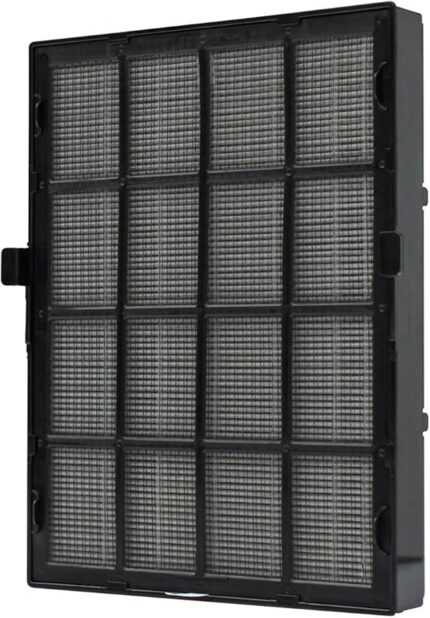 Rectangular black air filter panel with a grid of square pleated sections.