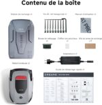 Dreame robotic lawn mower with accessories: charging station, hex key set, manual, cleaning brush, non‑woven cloth, blade replacement kit, adapters, and quick‑start guide.