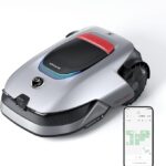 Autonomous robotic lawn mower with red top button and blue LED accents, shown with a smartphone app map on the side.