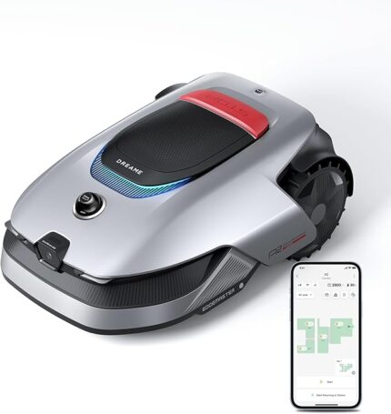 Autonomous robotic lawn mower with red top button and blue LED accents, shown with a smartphone app map on the side.