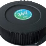 Circular black air filter with pleated sides and a blue–green 360° label on top indicating the filtration technology