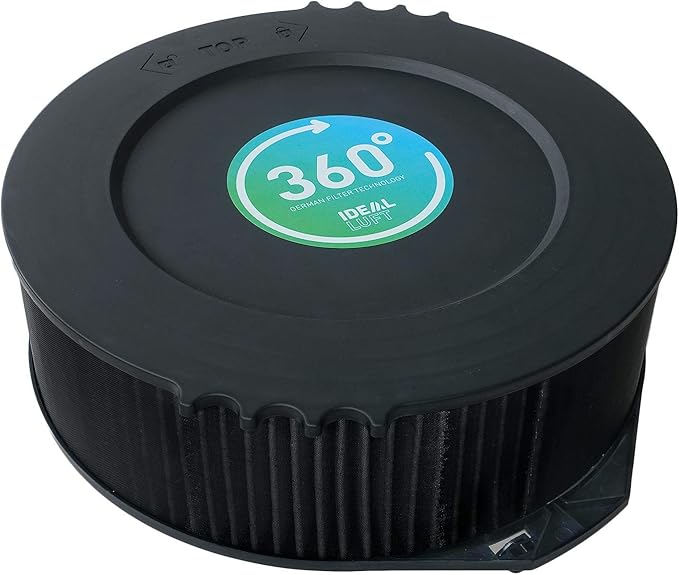 71Tt2n7vhYL_AC_SX679_ - NEVORIXT Circular black air filter with pleated sides and a blue–green 360° label on top indicating the filtration technology