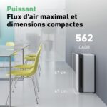 Modern office scene with glass partitions and yellow chairs; overlaid text promotes a compact air purifier with 562 CADR and dimensions 67 cm by 47 cm.