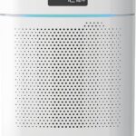 White compact air purifier with a perforated front panel, digital display showing 12 μg/m³ and a blue accent light.