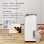 Appareil blanc sur plan de cuisine avec réservoir d'eau amovible de 2,5 L et zone de remplissage visible sur le côté.