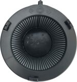 Top view of a round, dark plastic device with evenly spaced radial fins around a central hub.