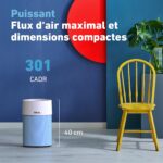 Blue-wall ad showing a light-blue cylindrical air purifier with a white top, IDEAL label, and a bold white text about maximal air flow and compact dimensions; yellow chair and green plant at right.