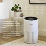 Bosch air purifier in a bright living room with a plant nearby; icons show pollutants like pollen, pet dander, viruses, bacteria, pollution, dust, mites, and gases.