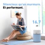 Woman reading a picture frame beside a blue air purifier; ad highlights 16,7 dB quiet and high performance.